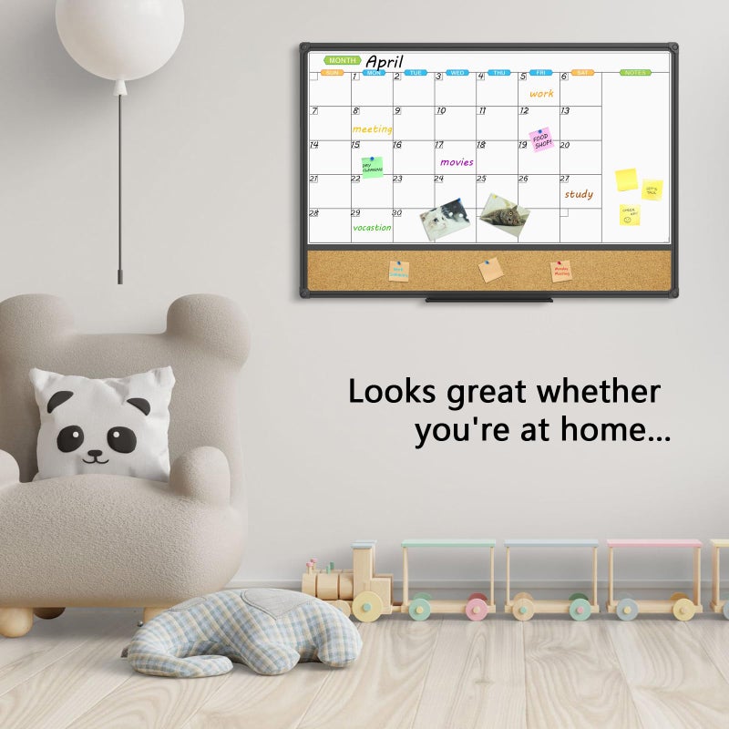 JILoffice Magnetic Calendar Whiteboard & Bulletin Corkboard Combination, Combo Board 36 x 24 Inch, Black Aluminum Frame Wall Mounted Board for Office Home and School with 10 Push Pins - Image 4